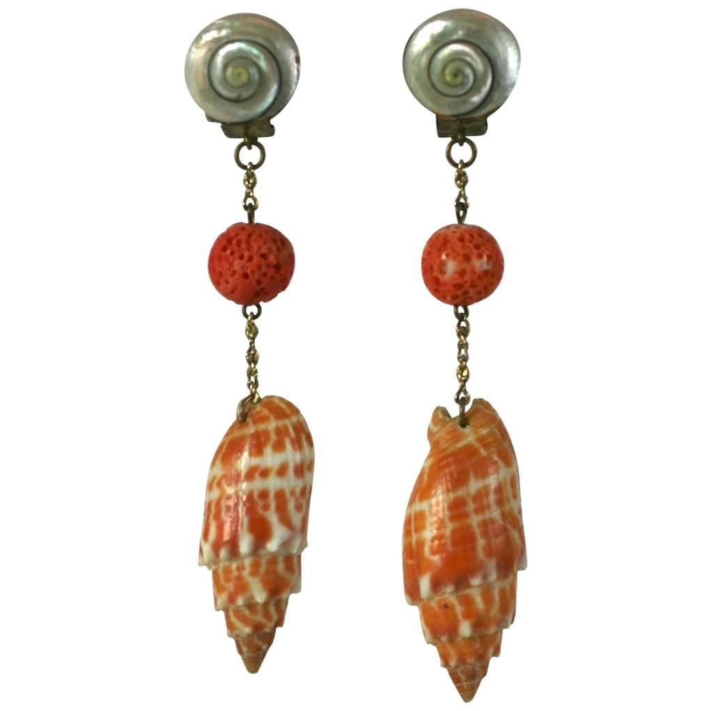  French Sea Shell and Coral Bead Long Earclips For Sale