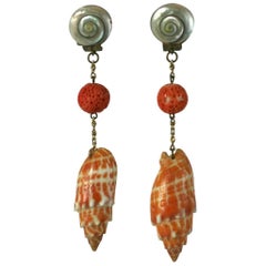  French Sea Shell and Coral Bead Long Earclips