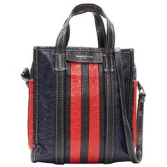 BALENCIAGA Bazar navy red striped leather top handle crossbody bag