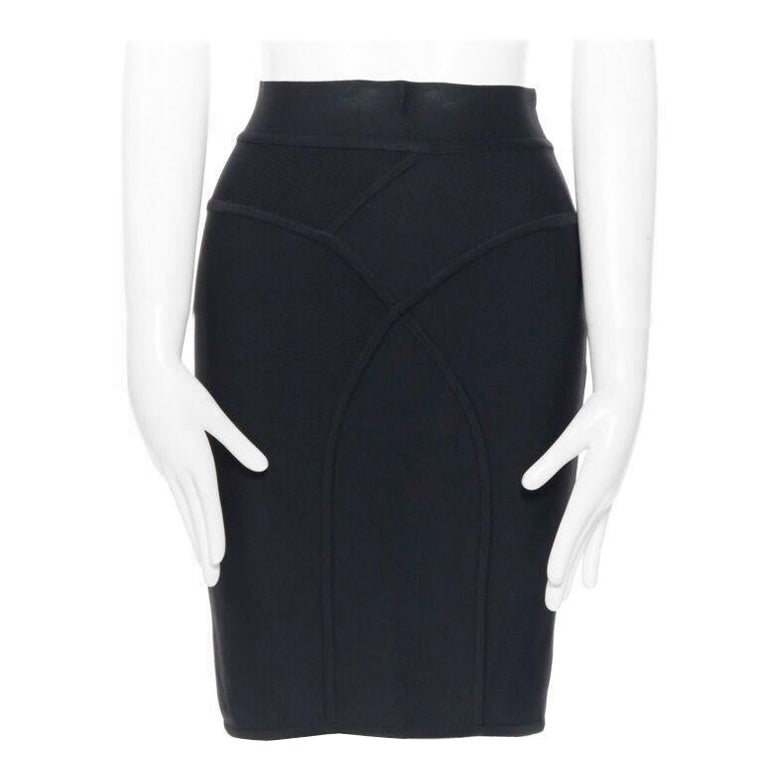 HERVE LEGER PARIS black body-conscious stretchable piping bandage pencil skirt S For Sale