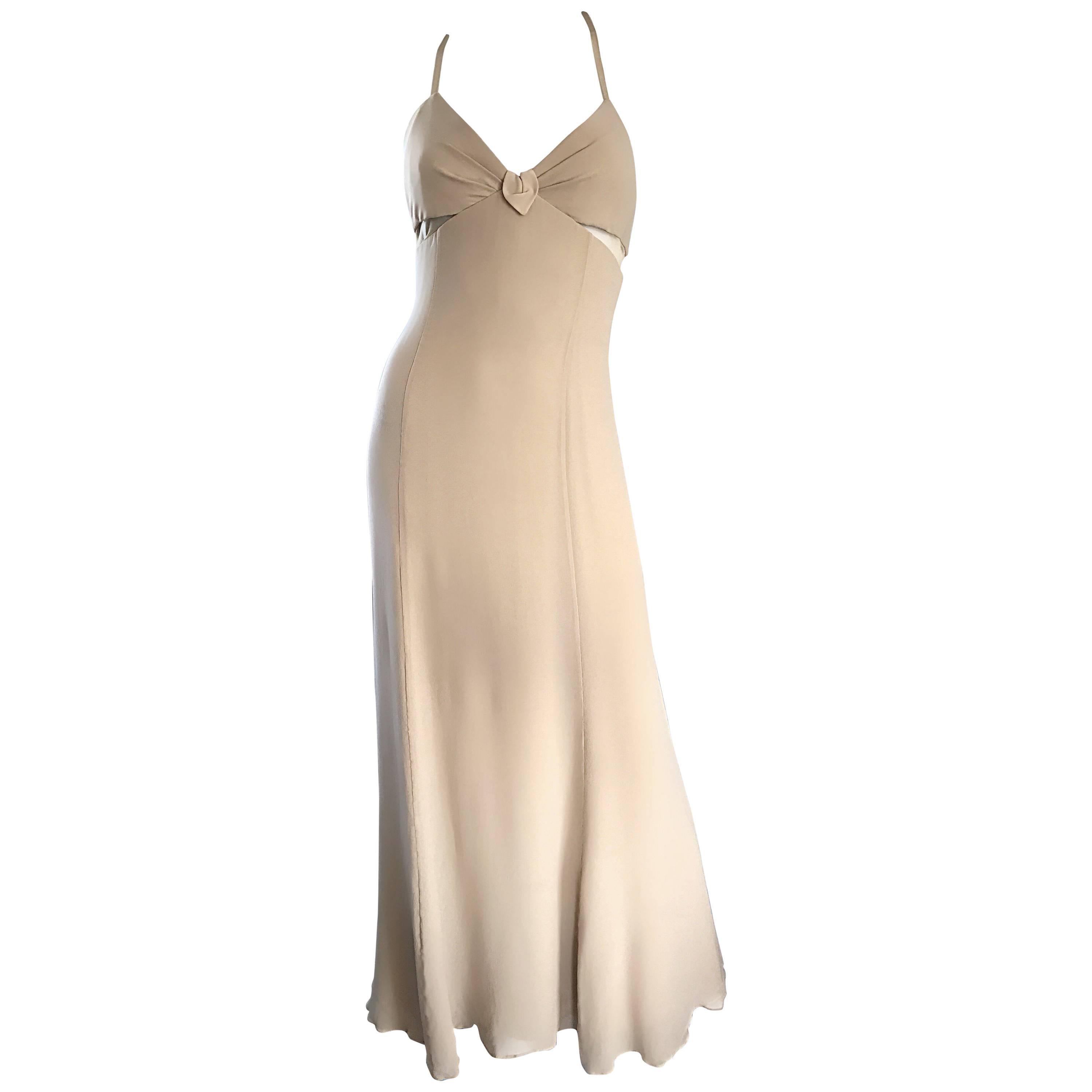 1990s Giorgio Armani Collezioni Sz 4 6 Nude Silk Chiffon Cut - Out Gown Evening