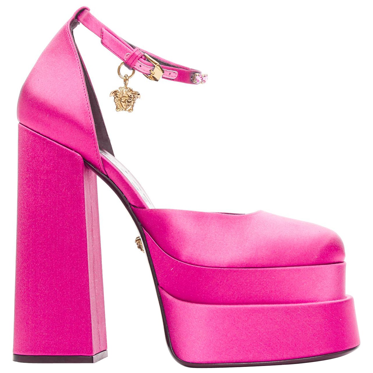 VERSACE Runway Aevitas 155 fuchsia pink satin gold crystal Medusa platform EU38
