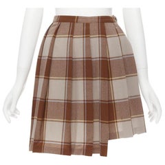 vintage COMME DES GARCONS 80s brown plaid check pleated step hem wool skirt