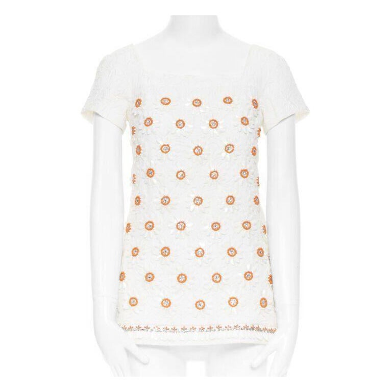 MOSCHINO Weißes, orangefarbenes, floral verziertes Oberteil aus Baumwolle mit Perlen und Kristall IT38