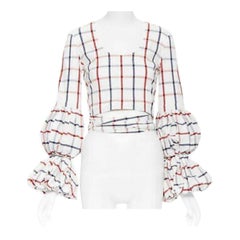 ROSIE ASSOULIN 2018 top con mangas abullonadas de seersucker a cuadros blancos US0 XS