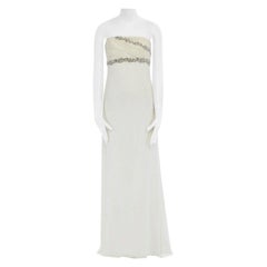 MARCHESA NOTTE robe robe du soir à buste plissé, ornée de cristaux et de bijoux, couleur crème M