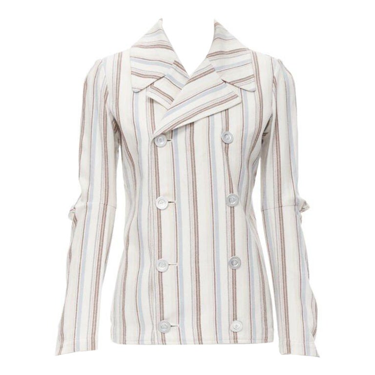 JUNYA WATANABE 1995 beige stripe cotton cut out sleeve double breasted jacket S For Sale