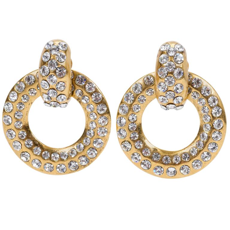 Chanel Rhinestone Gold Hoop Earrings For Sale at 1stdibs