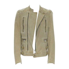 BALMAIN beige khaki washed gridwork cotton asymmetric zip biker jacket L