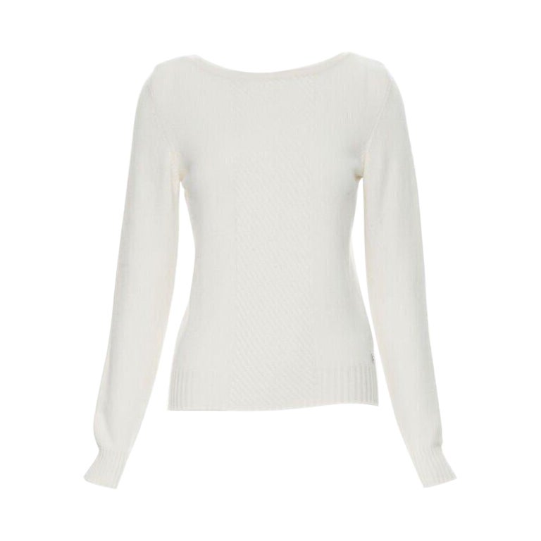 HERMES 100% cashmere ivory beige ribbed panel silver H charm sweater FR34 XS For Sale
