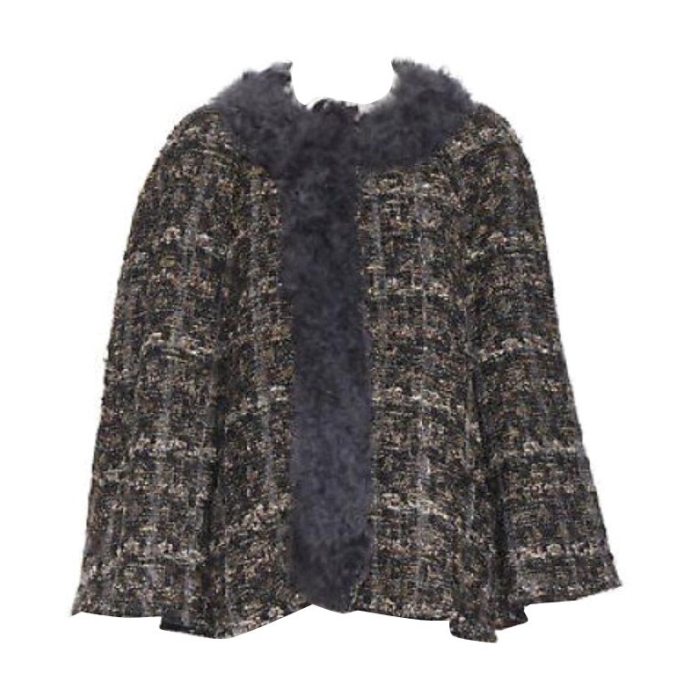 DOLCE GABBANA brown black wool tweed shearling fur trimmed cape poncho jacket XS For Sale