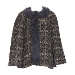 DOLCE GABBANA veste poncho cape en laine tweed marron noir garnie de fourrure XS