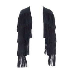 runway TOM FORD 2015 black tier fringed stretch cady open front jacket IT38 XS