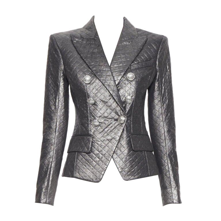 BALMAIN gunmetal silver quilted military double breasted blazer jacket FR36