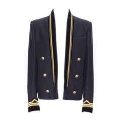 BALMAIN navy cotton velvet military shawl collar double breasted jacket EU52