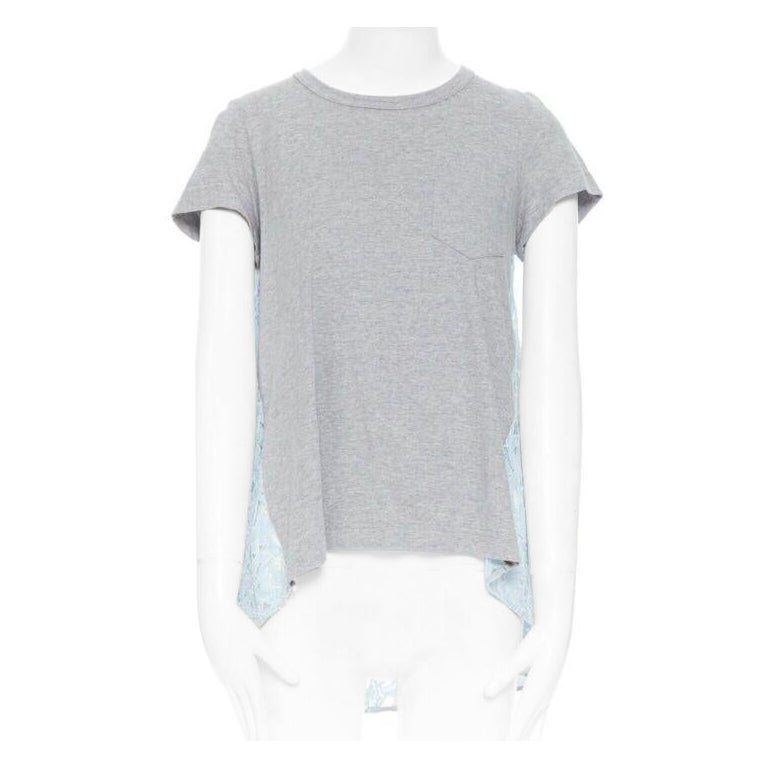 SACAI LUCK grey 100% cotton light blue lace back short sleeve mullet t-shirt JP1 For Sale