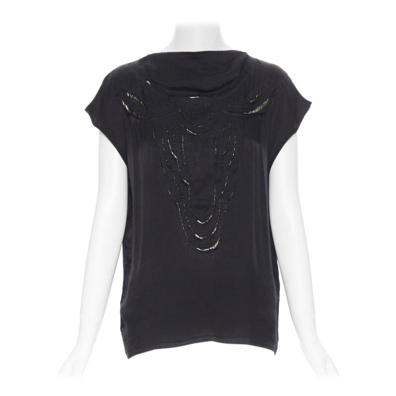 LANVIN ALBER ELBAZ 2009 top de seda negra y lúrex dorado con mangas casquillo FR36 XS