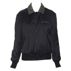 SAINT LAURENT Je T'aime Teddy black satin crystal collar bomber jacket FR34