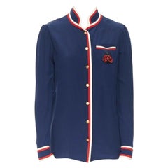 GUCCI navy tricolour ladybird ladybug embellish brooch badge silk shirt IT36 XXS