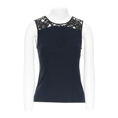 CHANEL navy blue 100% cotton illusion neckline black lace sleeveless top FR36