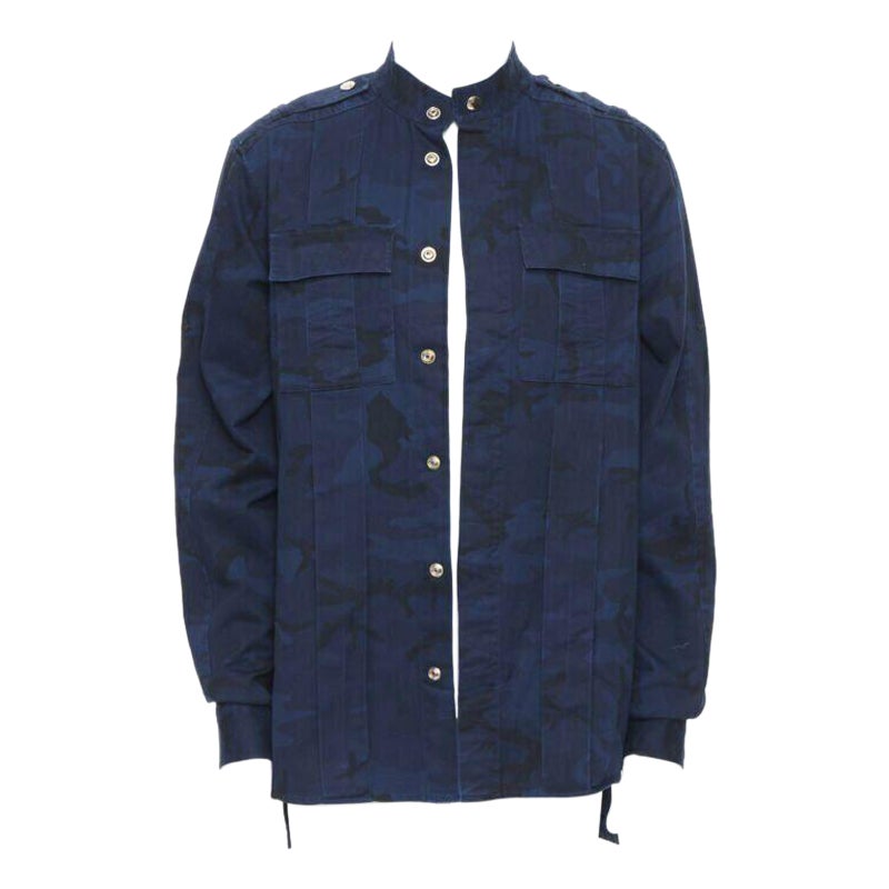 BALMAIN blue camouflage cotton gold button military shirt jacket  EU40 L For Sale
