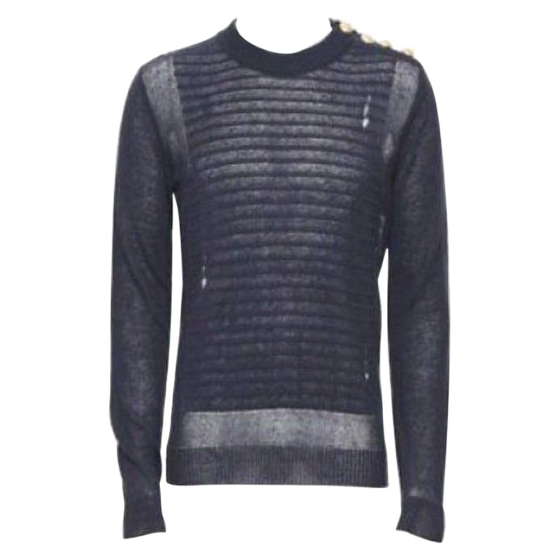 Balmain 100% lin navy stripe gold military button distressed sweater XS