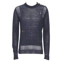 BALMAIN 100% linen navy stripe gold military button distressed sweater XS