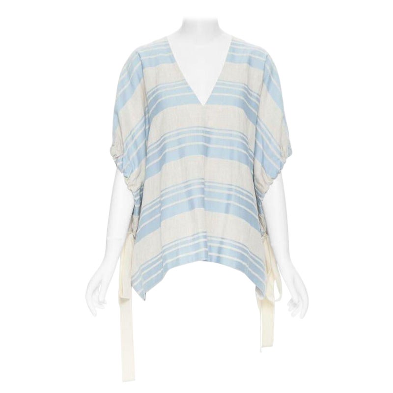 LEE MATTHEWS light grey blue striped linen cotton drawstring poncho top US0 XS For Sale