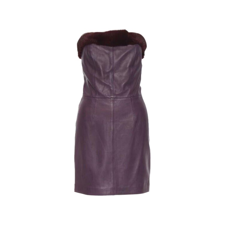 vintage Runway GIANNI VERSACE 1997 purple leather fur strapless mini dress IT40