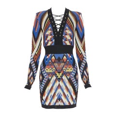 BALMAIN ethnic tribal knitted lace V-neck bodycon mini dress FR38 M