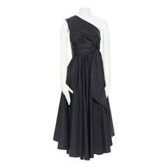 TIBI black cotton fit flare dress one shoulder asymmetrical pleat skirt US0 XS