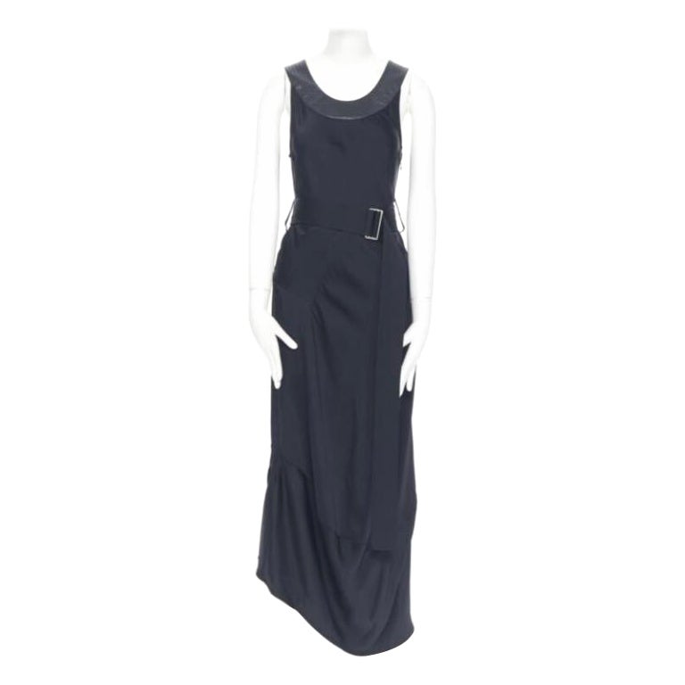 VICTORIA BECKHAM Runway heavy satin leather collar belted bias dress UK12 L For Sale