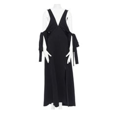 ELLERY vestido midi negro con mangas anudadas y hombros fríos US6 M