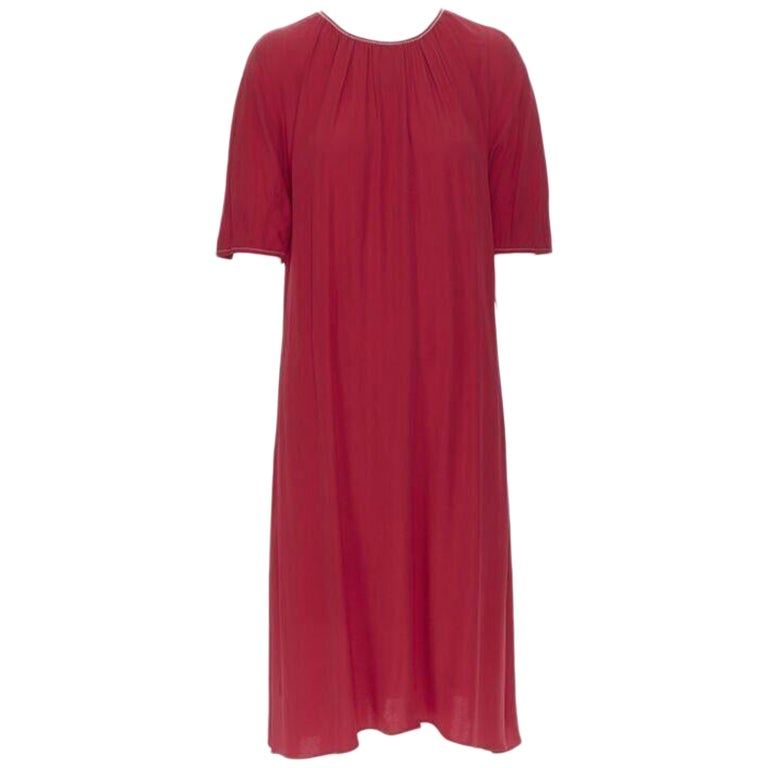 MARNI 2019 red viscose crepe white overstitched pleated casual dress IT38 For Sale