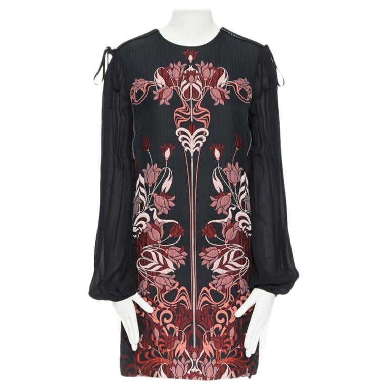 GIAMBA GIAMBATTISTA VALLI black red floral loque semi sheer sleeves dress XXS For Sale