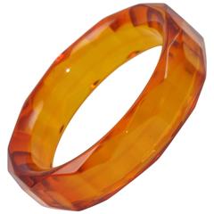 Bakelite Bracelet Bangle Faceted Carved Design Transparent Prystal Orangeade 2