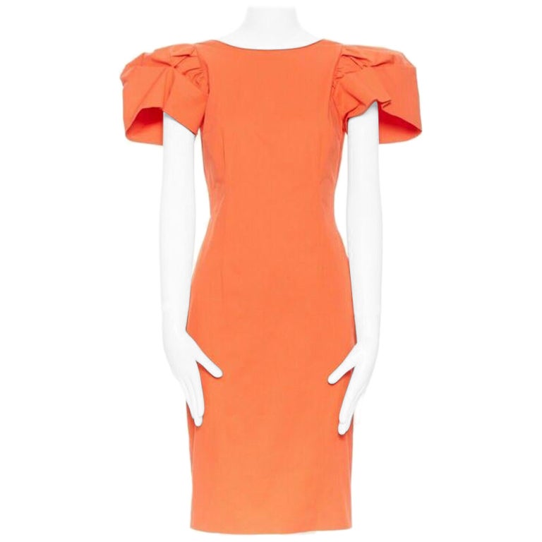 DSQUARED2 rojo naranja drapeado dardo manga abullonada hombros grandes vestido IT44 L en venta