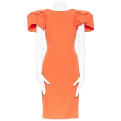 DSQUARED2 red orange ruche drape dart puff sleeve big shoulders dress IT44 L