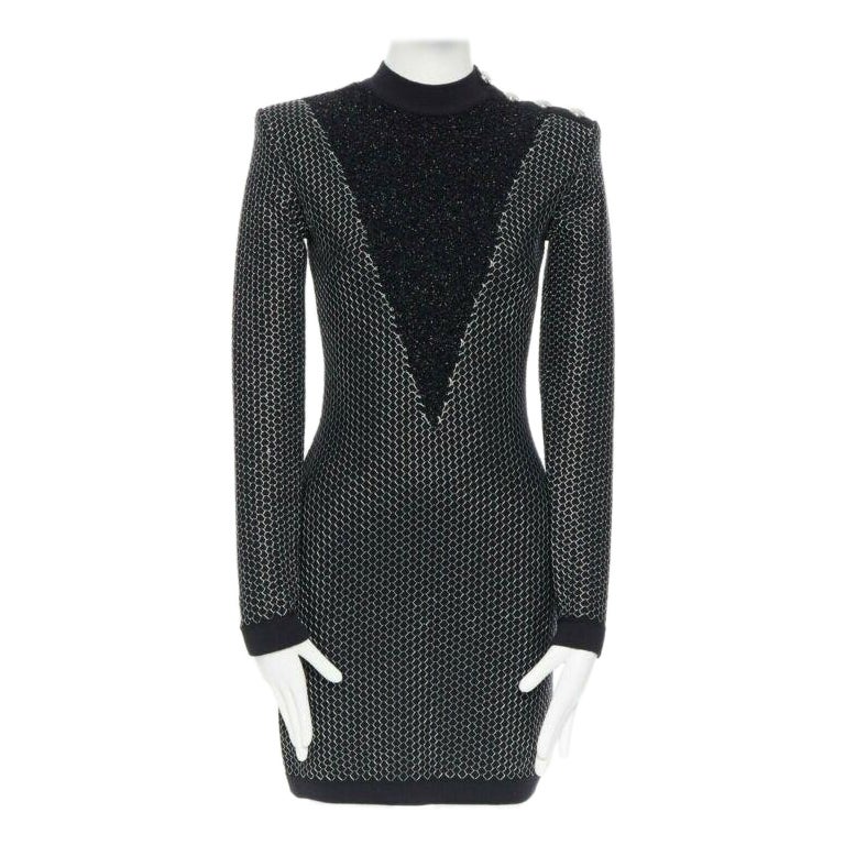 BALMAIN ROUSTEING black silver thread fluffy military button bodycon dress S For Sale