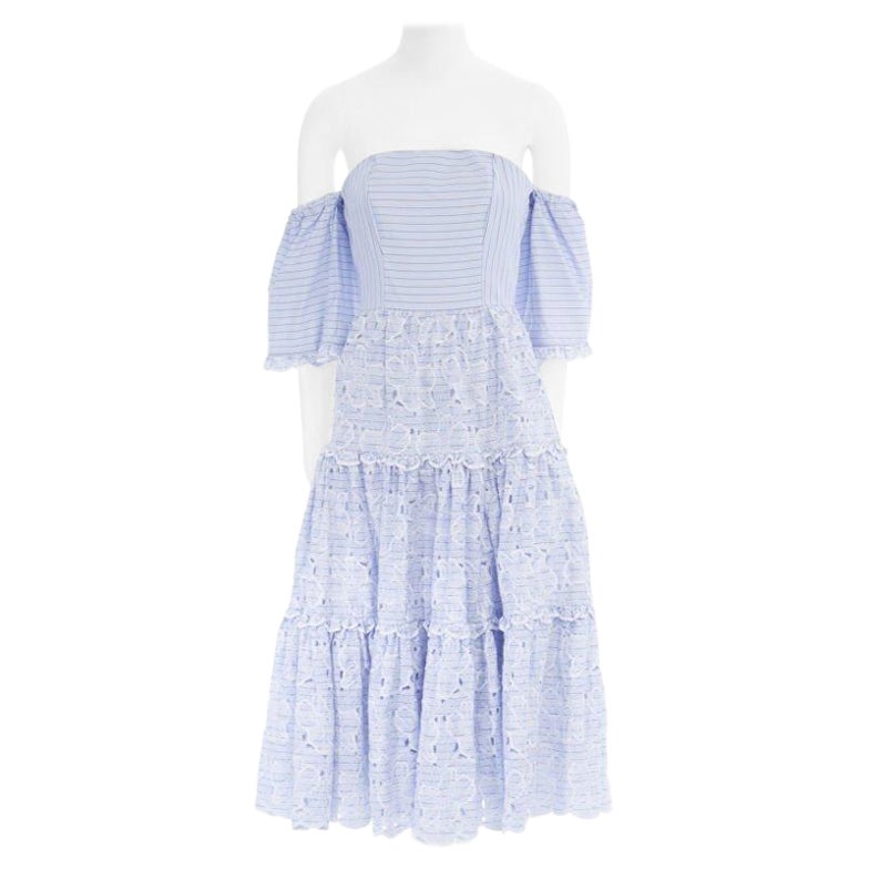 ERDEM Runway blue striped floral embroidery off shoulder cotton dress US6 M For Sale