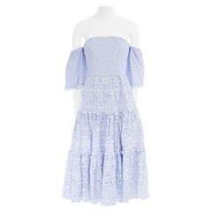 ERDEM Pasarela azul rayas bordado floral fuera del hombro vestido de algodón US6 M