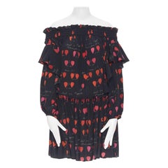 ALEXANDER MCQUEEN black red petal print silk ruffle off shoulder dress IT40