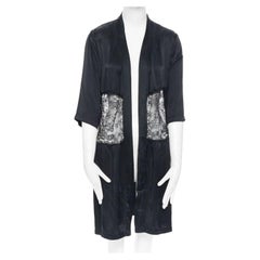 PRESENT LONDON black 100% silk floral lace panel lingerie short kimono robe UK8