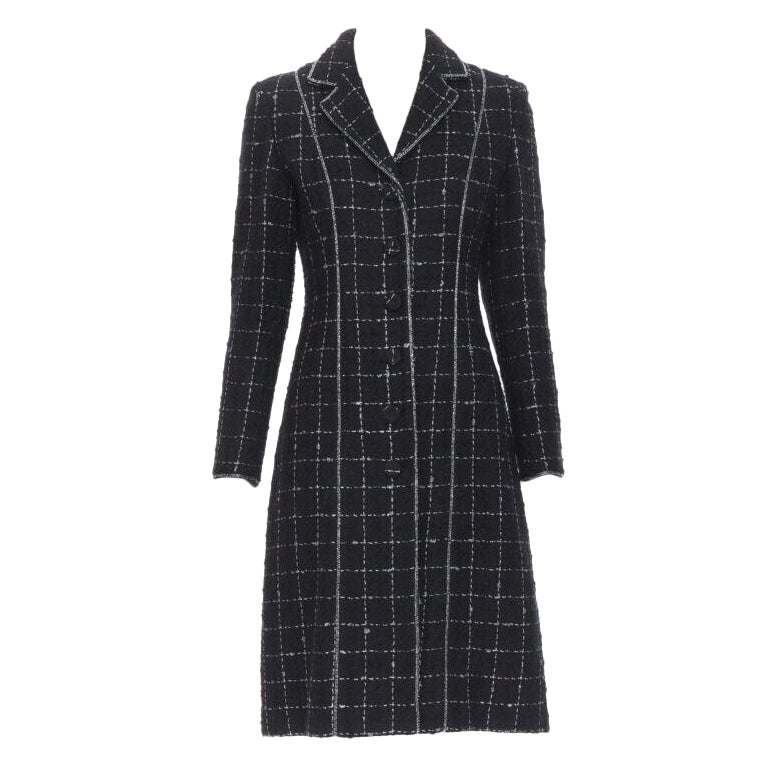 LUISA BECCARIA black silver check glitter tweed embellished long coat IT40 S For Sale