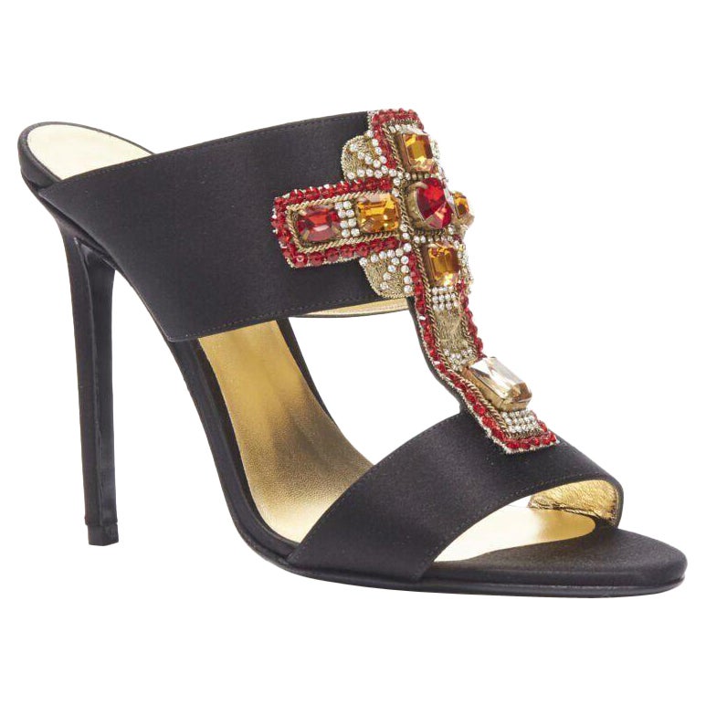 VERSACE 2018 Tribute Byzantine Cross Jewel crystal black satin sandals EU38 For Sale