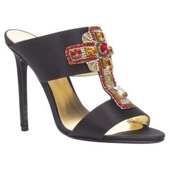 VERSACE 2018 Tribute Byzantine Cross Jewel crystal black satin sandals EU38