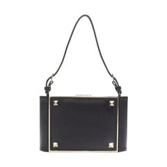 VALENTINO black leather gold rockstud metal frame miniaudiere clasp clutch bag