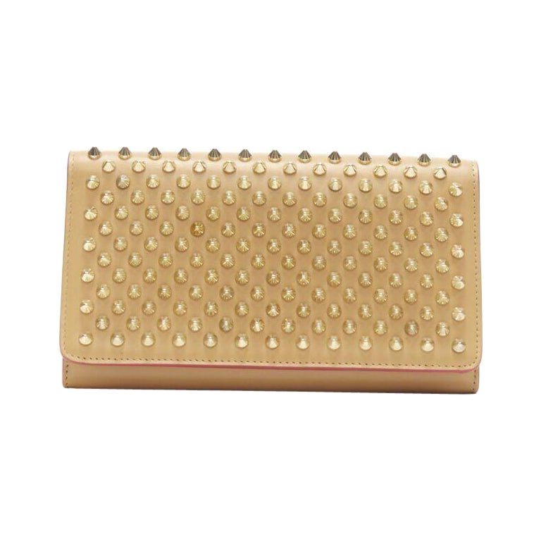 CHRISTIAN LOUBOUTIN Macaron tan brown gold spike stud wristlet long wallet For Sale