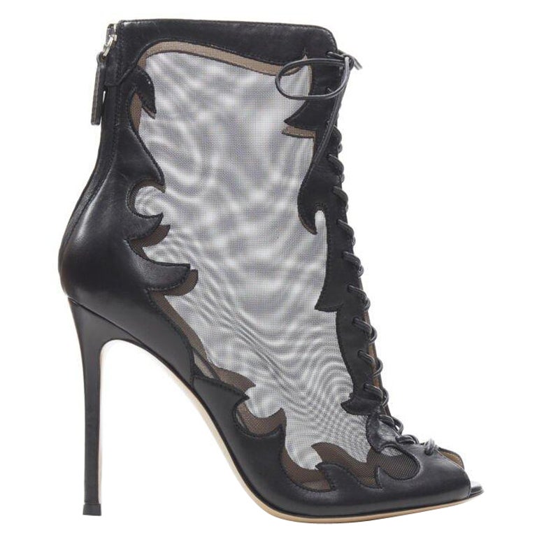 GIANVITO ROSSI black sheer flame leather peep toe lace up ankle bootie EU38 For Sale