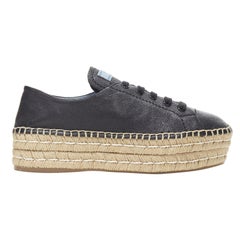 PRADA black leather signature blue tab double jute platform espadrille EU40